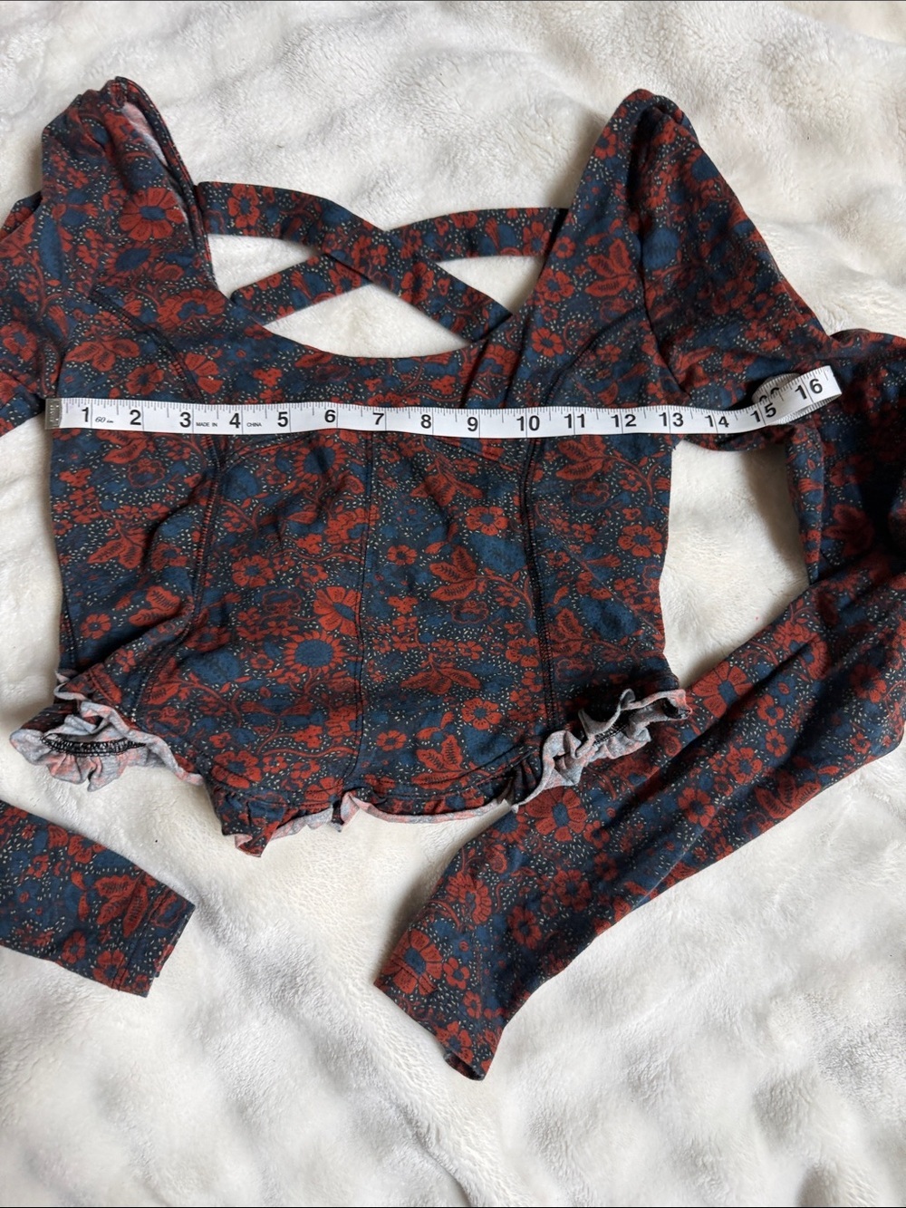 Free People Teal and Rust Floral Long Sleeve Cropped Top with Crossback - Picture 5 of 8